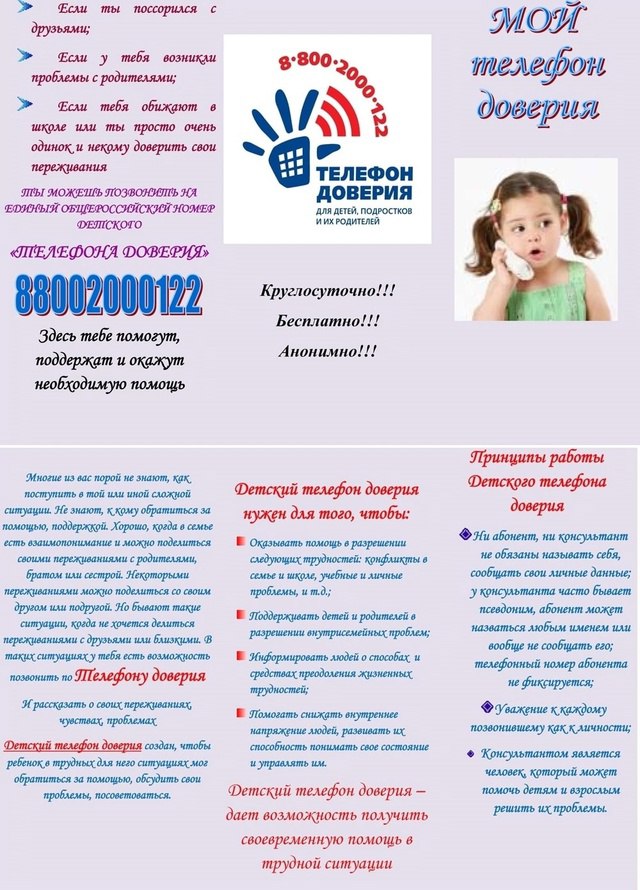 Телефоны доверия для детей, подростков и их родителей.